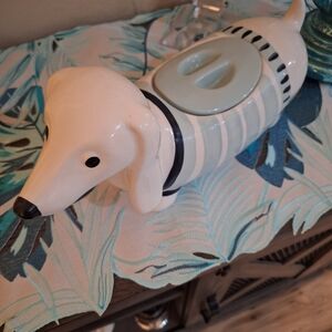 Ceramic Dachshund Cookie Or Snack Holder White and Teal